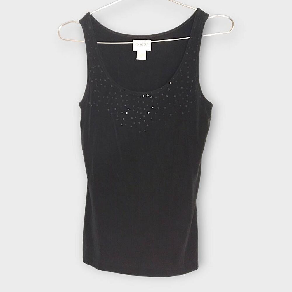 Chicos Traveler Womens Sweater Tank Sz 1 (8 US) Black Sequins Knit Holiday Glam